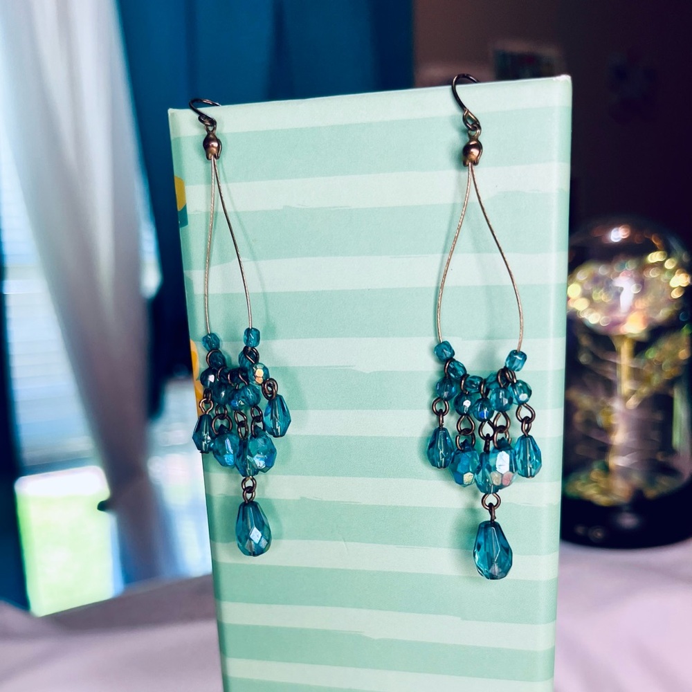 Handcrafted Boho Chic Teal Beaded Teardrop Chandelier Dangle Earrings